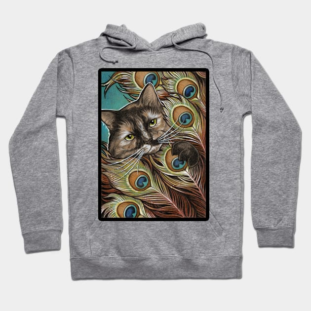 Tortie Cat and Peacock Feathers - Black Outlined Version Hoodie by Nat Ewert Art